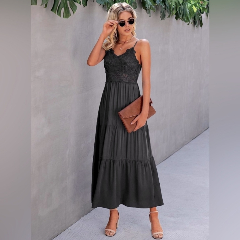 Crochet Lace Maxi Dress Navy Blue XL NWT Frilly Adjustable Straps Beach Casual
